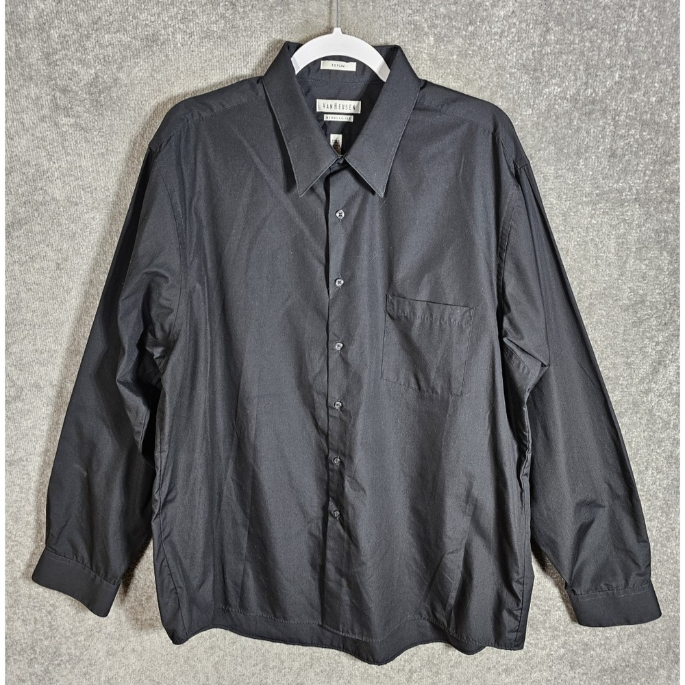 Van Heusen Poplin Button Up Dress Shirt Mens Size 17.5 36/37 Black Regular Fit‎